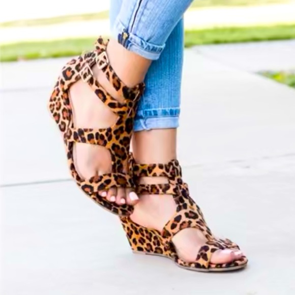 Shoes - NWOT LEOPARD Wedge Double Strap Heel